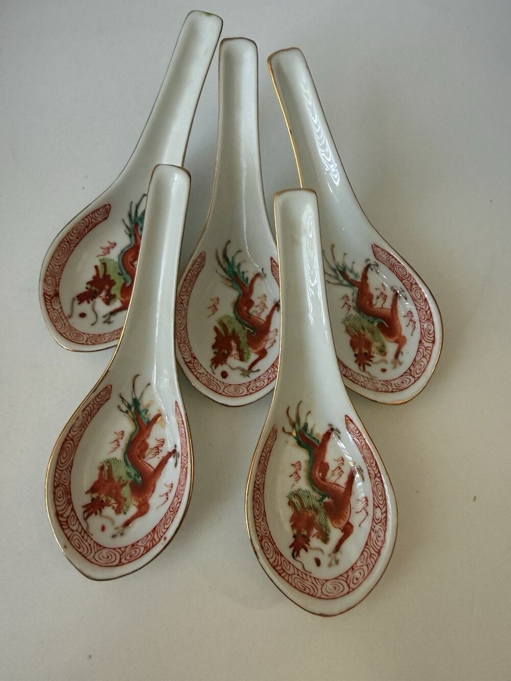 Vintage Chinese Porcelain Dragon Soup Spoons Set of 5 Gold Trim Red
